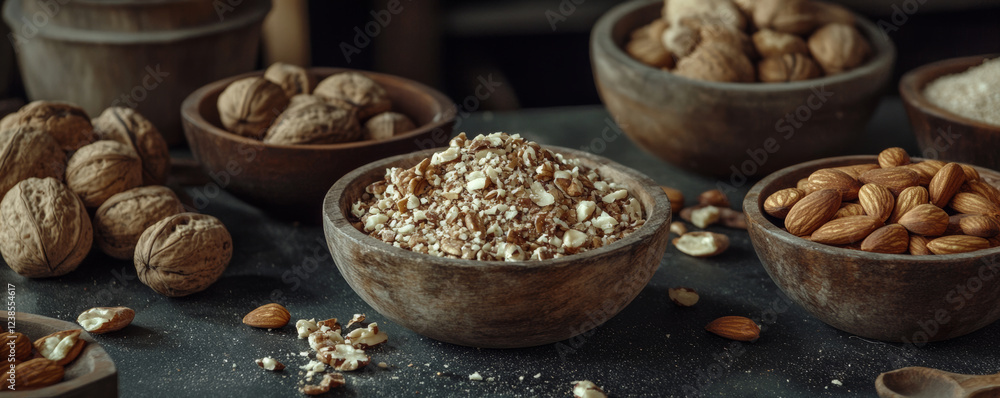 Assorted nuts and grains in rustic wooden bowls create warm, inviting atmosphere. textures and colors of ingredients highlight natural, wholesome appeal Assorted nuts and grains in rustic wooden bowls create warm, inviting atmosphere. textures and colors of ingredients highlight natural, wholesome appeal