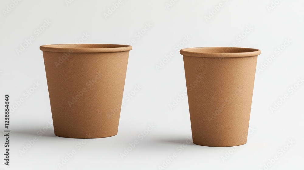 Two empty brown paper cups on white background; mockup for branding Two empty brown paper cups on white background; mockup for branding