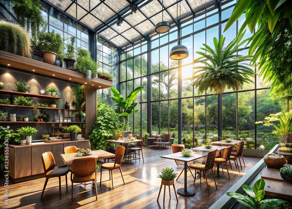 Coffee Shop in a Greenhouse: Tranquil Escape Amidst Tropical Splendor Coffee Shop in a Greenhouse: Tranquil Escape Amidst Tropical Splendor