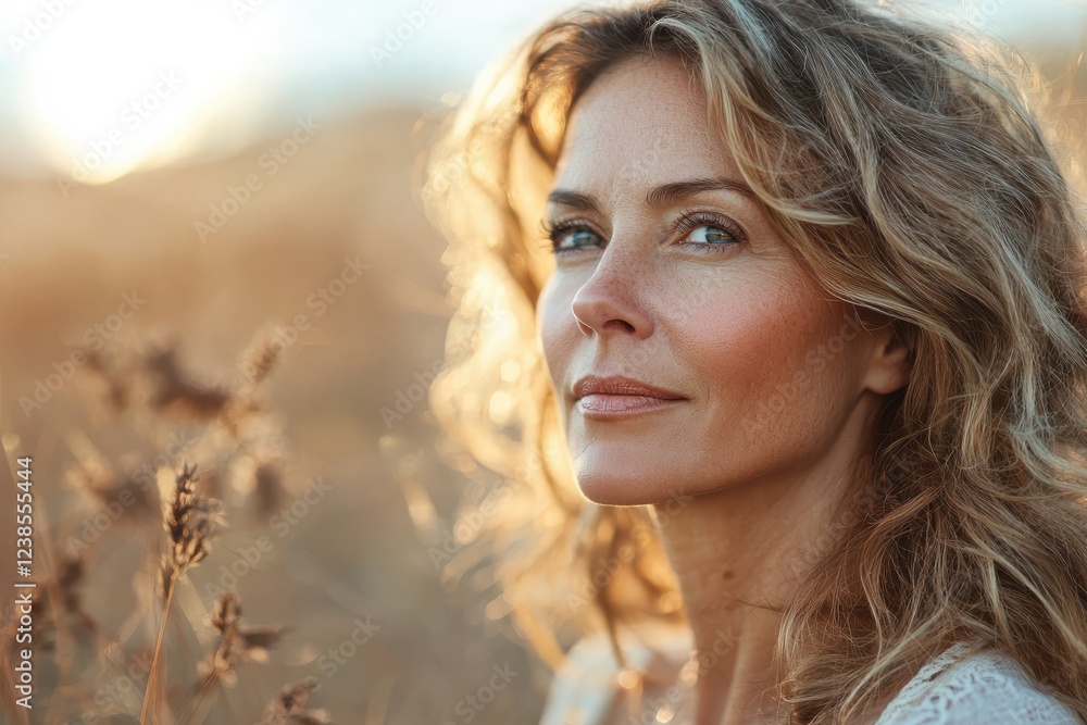 Serene woman with vibrant skin enjoys moment in nature, surrounded by golden grass and soft sunlight, radiating tranquility and warmth Serene woman with vibrant skin enjoys moment in nature, surrounded by golden grass and soft sunlight, radiating tranquility and warmth