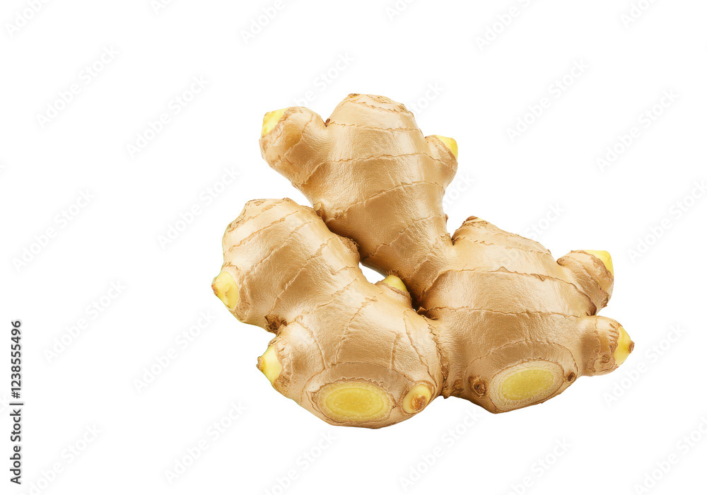 Fresh ginger root with green leaves isolated on white background, front view, no depth of field, sharp. Fresh ginger root with green leaves isolated on white background, front view, no depth of field, sharp.
