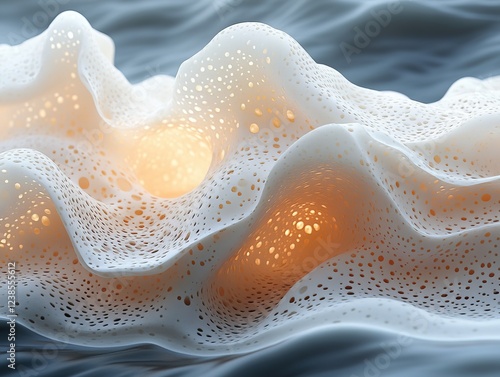 Foamy white bubbly surface with warm glowing orbs in wavy gray setting