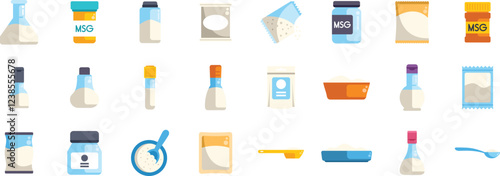 Various containers and packages of monosodium glutamate, a common flavor enhancer used in cooking, are displayed