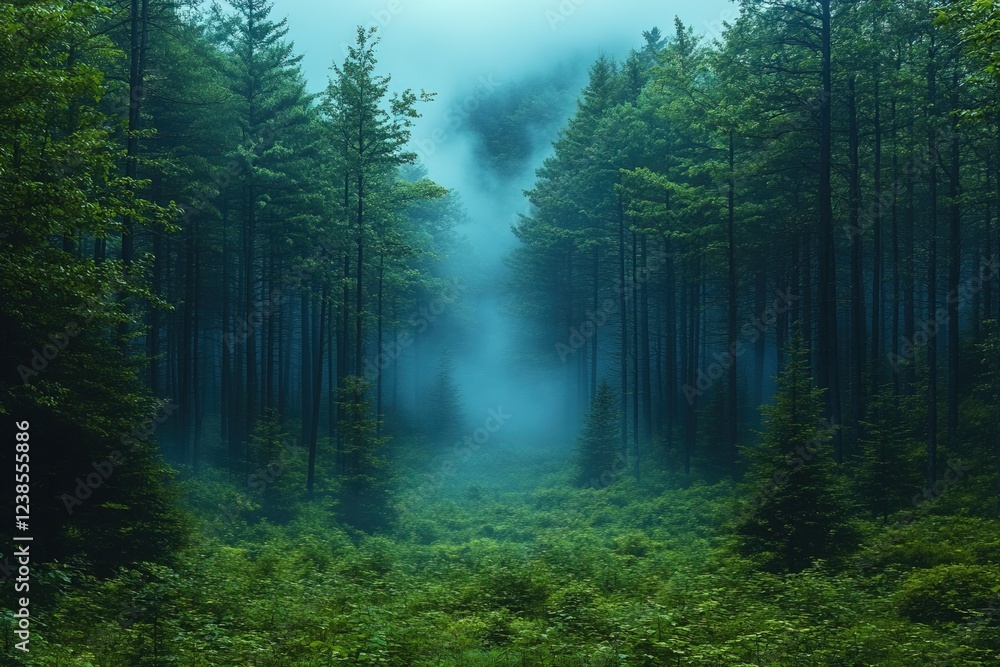 Obraz premium Foggy forest path with tall trees for background use in travel and nature imagery