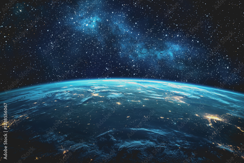 Obraz premium Aerial view of earth from space showcasing the planets surface and atmosphere with a dark background of the universe visible in the distance