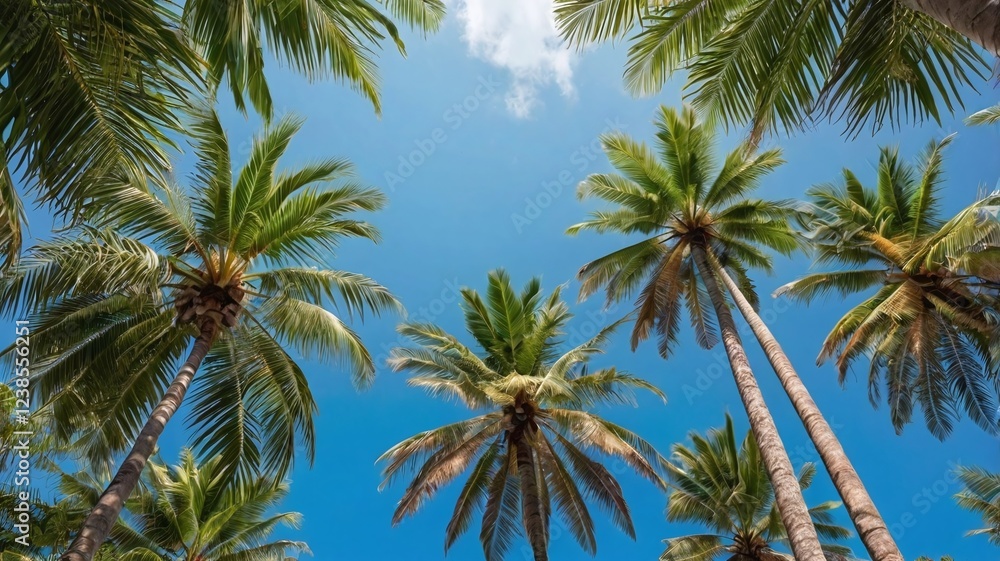 Bottom view of tropical palm trees leaves in blue sky background Natural exotic photo frame Leaves on the branches of coconut palm trees against the blue sky in sunny summer day Phuket island Thailand Bottom view of tropical palm trees leaves in blue sky background Natural exotic photo frame Leaves on the branches of coconut palm trees against the blue sky in sunny summer day Phuket island Thailand