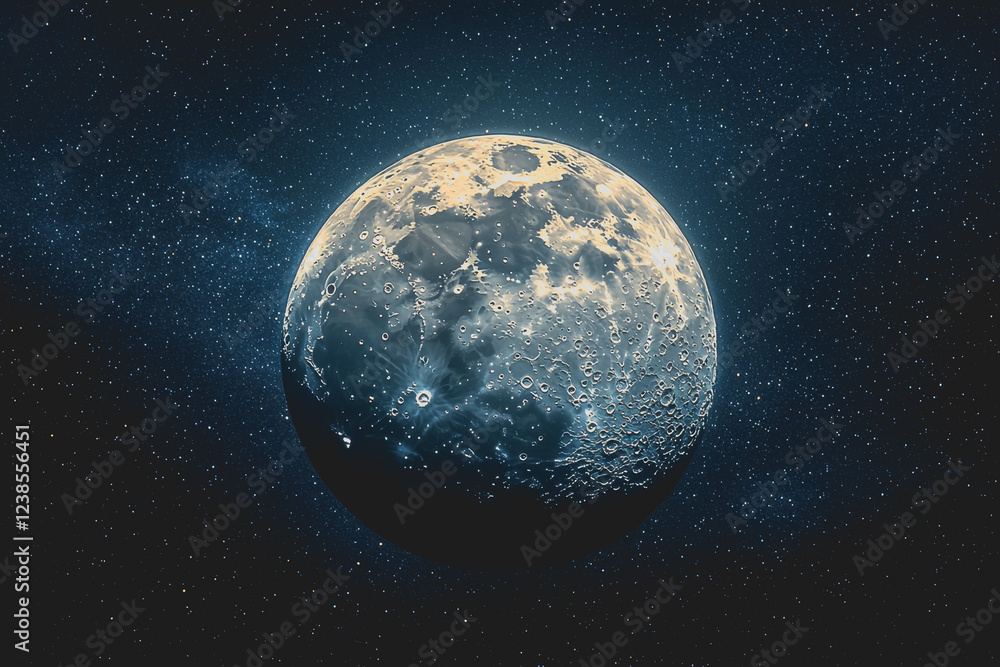 Fototapeta premium Large full moon in clear night sky surrounded by bright stars and a dark blue backdrop creating a serene celestial atmosphere
