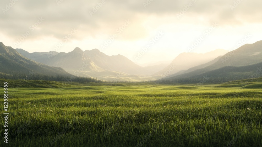Fototapeta premium Sunrise over mountain valley, grassy meadow, calm scene, nature wallpaper