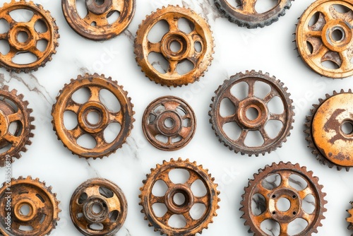 Collection of rusty cogwheels arranged on marble background. photo