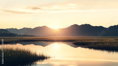 Sunrise over tranquil marsh reflecting mountains