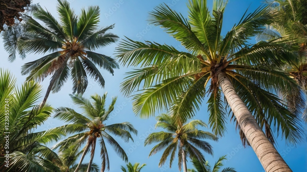 Bottom view of tropical palm trees leaves in blue sky background Natural exotic photo frame Leaves on the branches of coconut palm trees against the blue sky in sunny summer day Phuket island Thailand Bottom view of tropical palm trees leaves in blue sky background Natural exotic photo frame Leaves on the branches of coconut palm trees against the blue sky in sunny summer day Phuket island Thailand