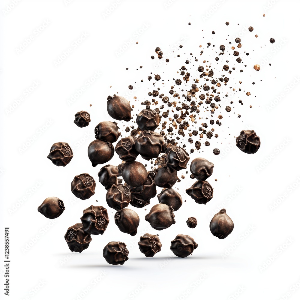 Aromatic black peppercorns with a splash of cracked pepper dust, isolated on white background Aromatic black peppercorns with a splash of cracked pepper dust, isolated on white background