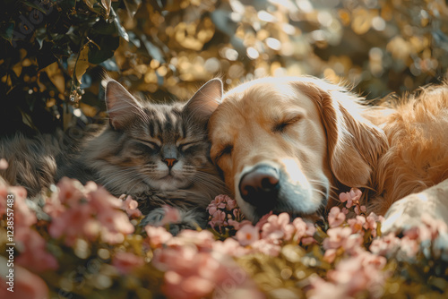 A cat and dog peacefully resting together in a vibrant bed of colorful flowers under bright sunlight showcasing a serene and harmonious outdoor scene photo