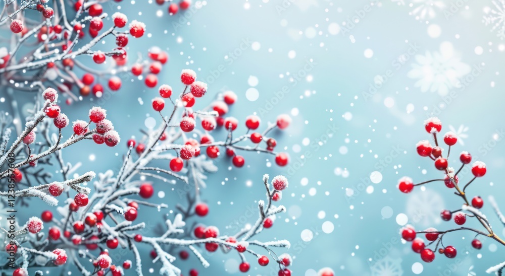 blue Christmas background with red berries and snowflakes New Year's composition with decorations copy space blue Christmas background with red berries and snowflakes New Year's composition with decorations copy space
