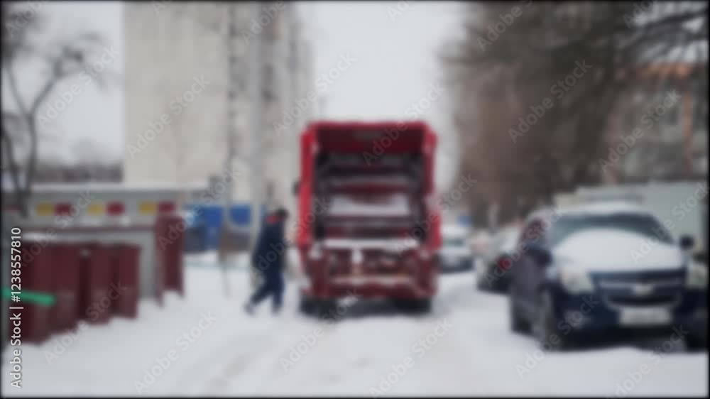 Workers remove garbage from a trash can to a garbage truck in winter in the city. Manual waste sorting, slow motion, industry, blurry. opy space for text Workers remove garbage from a trash can to a garbage truck in winter in the city. Manual waste sorting, slow motion, industry, blurry. opy space for text