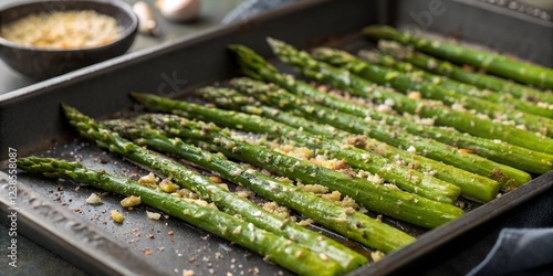 Oven-roasted asparagus with garlic, parmesan, and toasted breadcrumbs, served on a baking sheet. A crispy and flavorful gourmet vegetable side dish.

