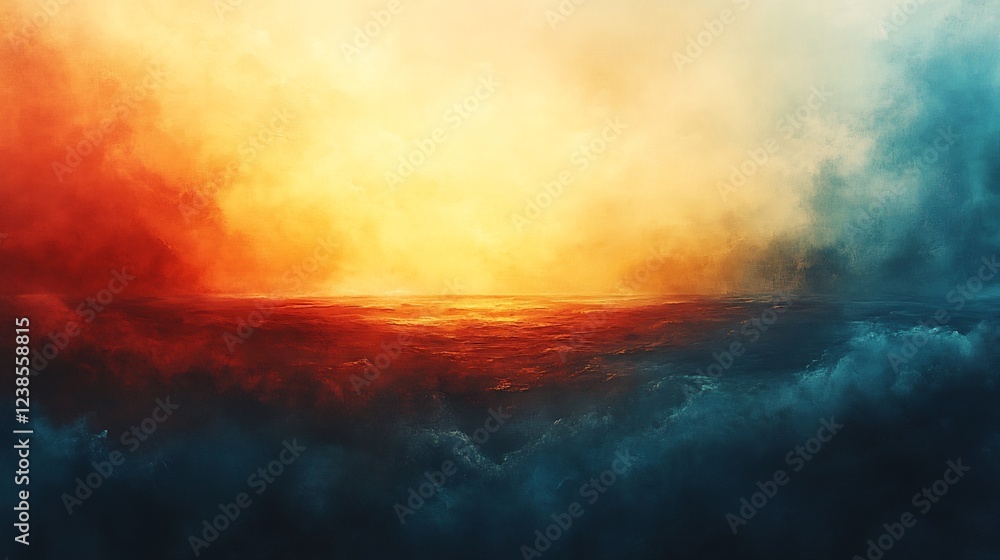 Naklejka premium Fiery sunset glows warmly above deep blue clouds dramatic abstract landscape. AI Generated