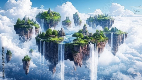 Floating Islands in the Sky with Waterfalls and Lush Greenery in a Fantasy World