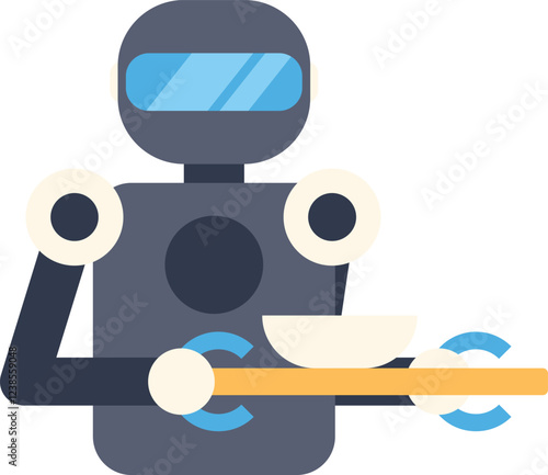 Robot waiter serving food in futuristic restaurant, artificial intelligence and automation