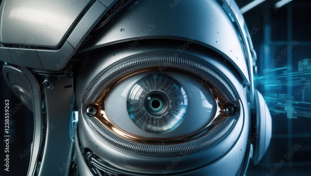 Exploring futuristic robotics close-up of a high-tech eye in a digital environment Exploring futuristic robotics close-up of a high-tech eye in a digital environment