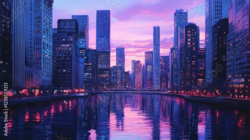 close-up of urban landscape at twilight, skyscrapers reflecting hues of pink and purple, calm river below, peaceful and serene city vibe