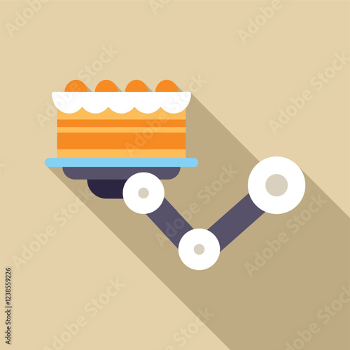 Robotic arm transporting cake on automated platform, showcasing automation in food service and delivery