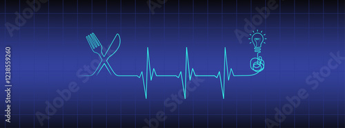 Editable line heart rhythm illustration on blue medical monitor with fork, knife, gear, heartbeat line vector to use for healthcare, healthy food, diet science, healthy lifestyle, brainstorm project. 