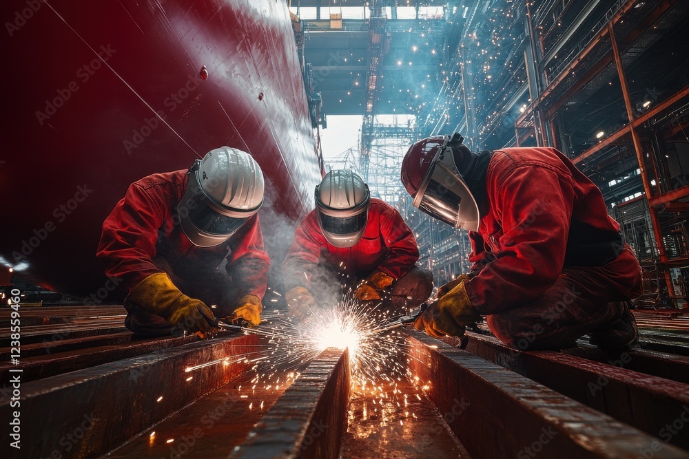 Skilled welders in protective gear working on a large industrial project with sparks flying in a factory setting Skilled welders in protective gear working on a large industrial project with sparks flying in a factory setting