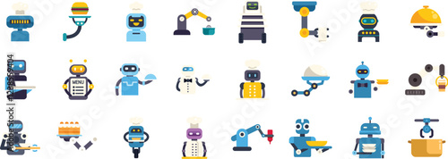 Robot chefs and waiters preparing and serving various dishes and beverages, automating restaurant operations
