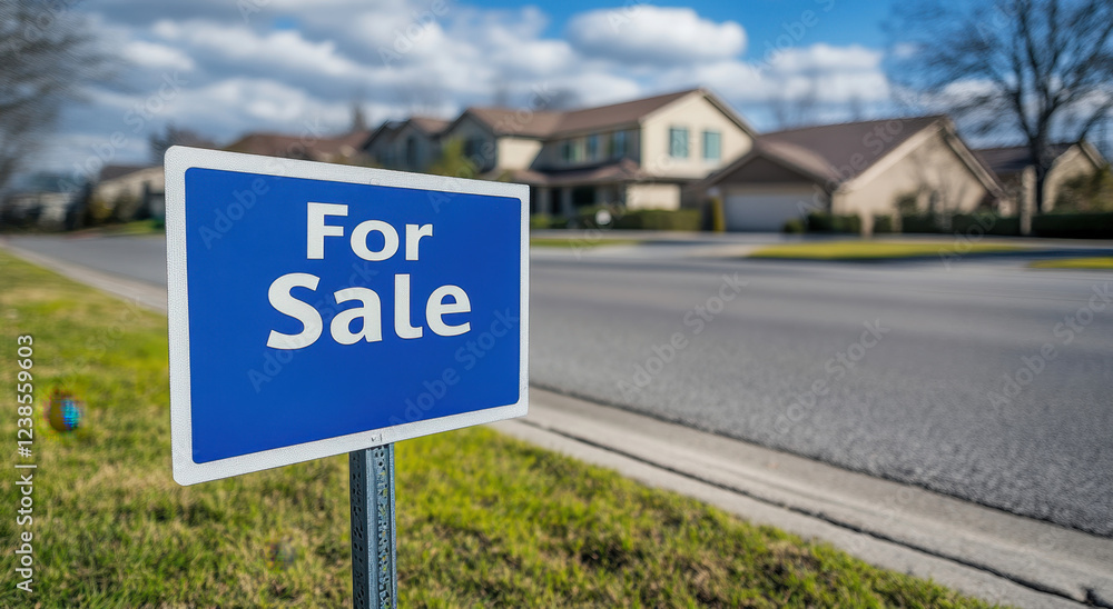 A blue sign sits by the roadside, signaling a property for sale with residential homes in the distance under a clear sky A blue sign sits by the roadside, signaling a property for sale with residential homes in the distance under a clear sky