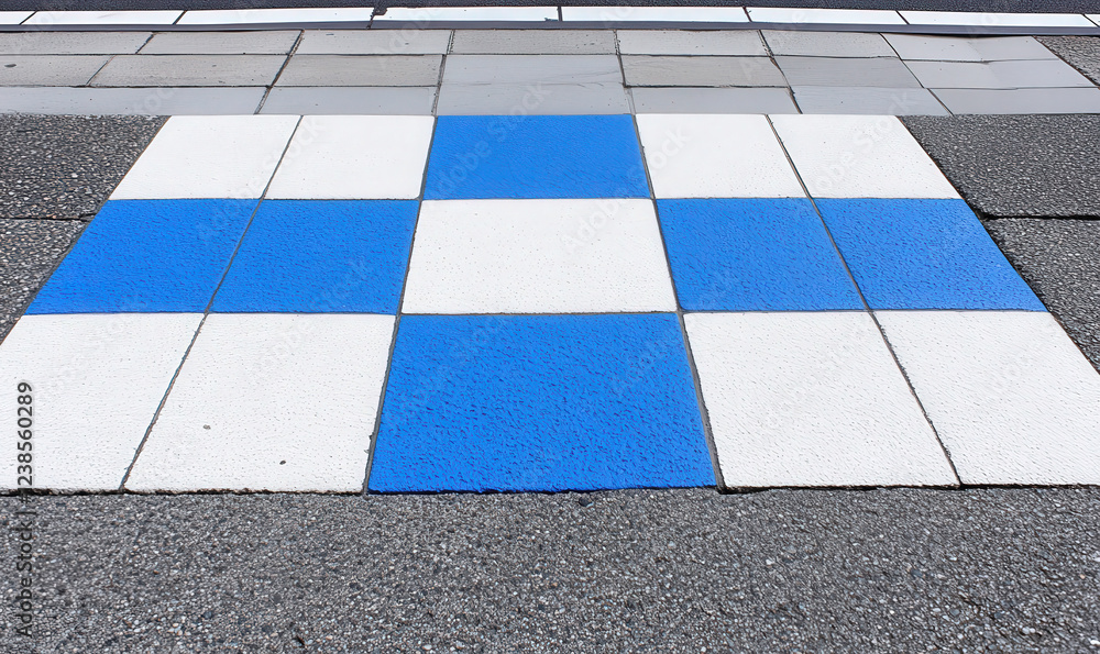 Blue and White Checkerboard Pattern on Pavement with Textured Surface Creating a Unique Urban Aesthetic and Eye-Catching Visual Appeal in City Streets Blue and White Checkerboard Pattern on Pavement with Textured Surface Creating a Unique Urban Aesthetic and Eye-Catching Visual Appeal in City Streets