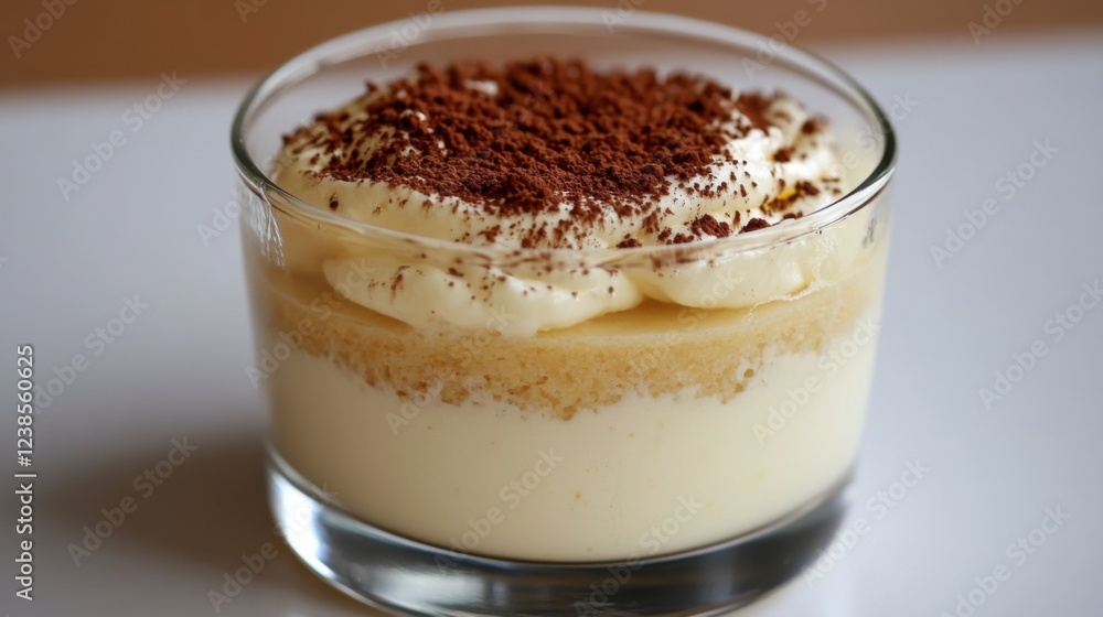 Creamy dessert in glass, cocoa topping, close-up shot, kitchen background, food photography Creamy dessert in glass, cocoa topping, close-up shot, kitchen background, food photography