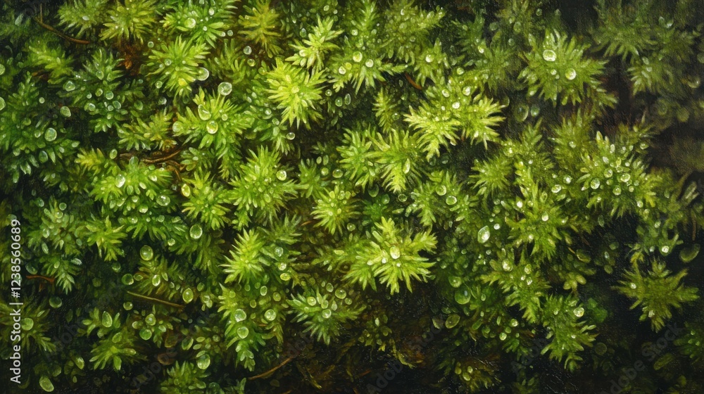 Close-up of delicate moss covered in droplets, illuminated by soft natural light, rich green texture, serene and peaceful, nature's detail Close-up of delicate moss covered in droplets, illuminated by soft natural light, rich green texture, serene and peaceful, nature's detail