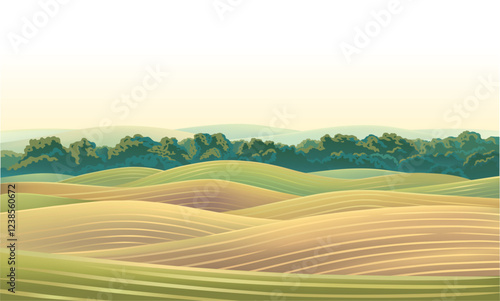 Hilly agricultural landscape, with cultivated by agriculture fields and hills, with a warm dawn sky above the horizon. Vector illustration.