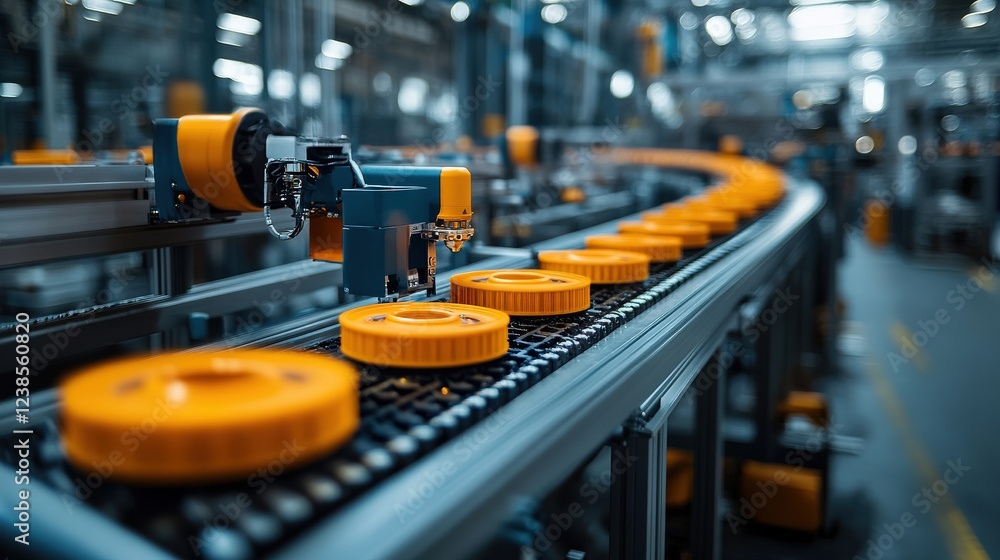 Obraz premium Automated conveyor system with orange wheels transporting items in a bustling factory setting