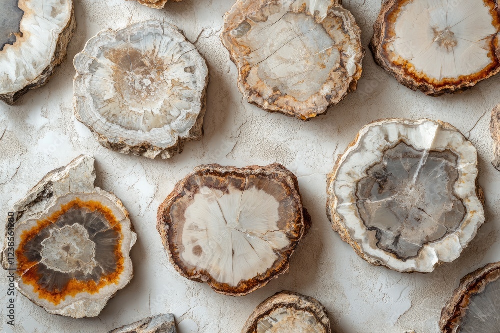 Collection of petrified wood slices showcasing diverse colors and patterns, natural beauty. Collection of petrified wood slices showcasing diverse colors and patterns, natural beauty.