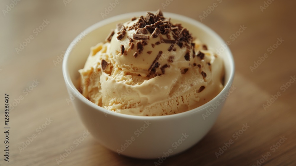 Creamy vanilla ice cream with chocolate in bowl on table Creamy vanilla ice cream with chocolate in bowl on table