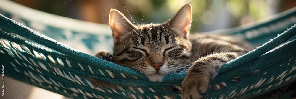 Obraz premium Tabby Cat Sleeping in Teal Hammock