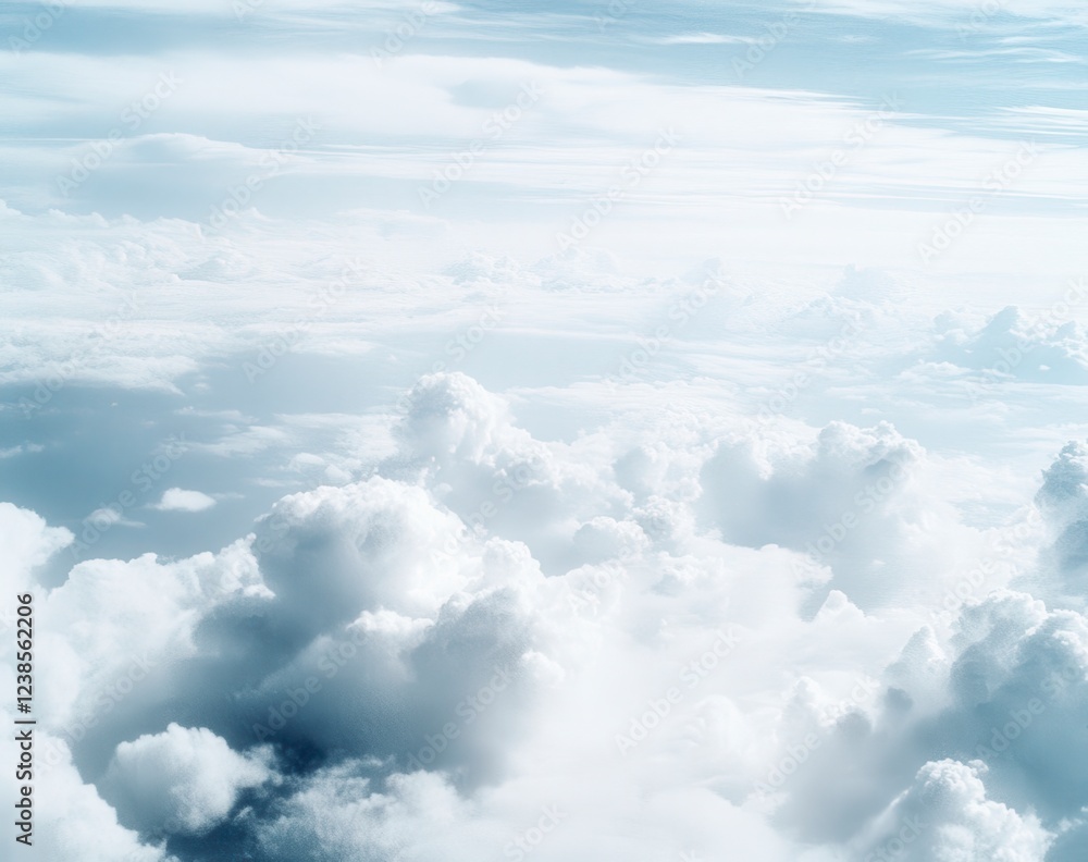 Aerial view of fluffy white and light blue cumulus clouds from high altitude, soft light, peaceful atmosphere, vast expanse of sky, texture of Aerial view of fluffy white and light blue cumulus clouds from high altitude, soft light, peaceful atmosphere, vast expanse of sky, texture of