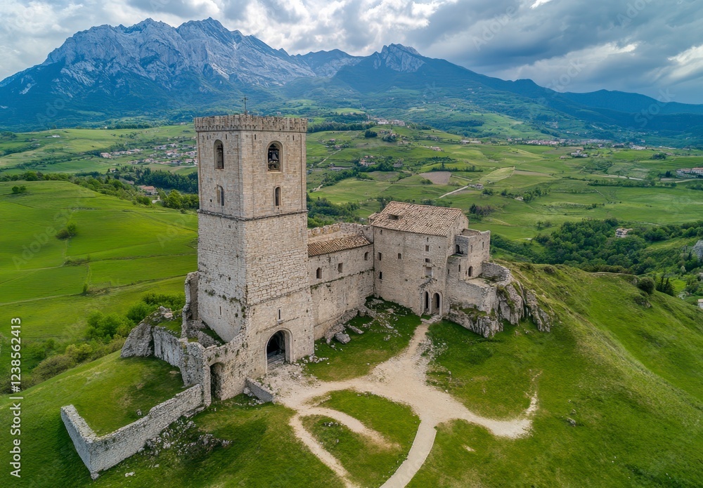 Aerial view of ancient stone castle ruins on a grassy hill, against a backdrop of mountains under a cloudy sky. The castle shows signs of age and Aerial view of ancient stone castle ruins on a grassy hill, against a backdrop of mountains under a cloudy sky. The castle shows signs of age and