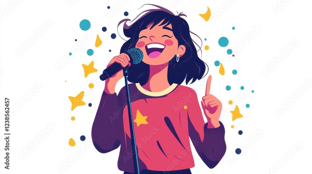 Happy Singer Holding Microphone with Colorful Background Happy Singer Holding Microphone with Colorful Background