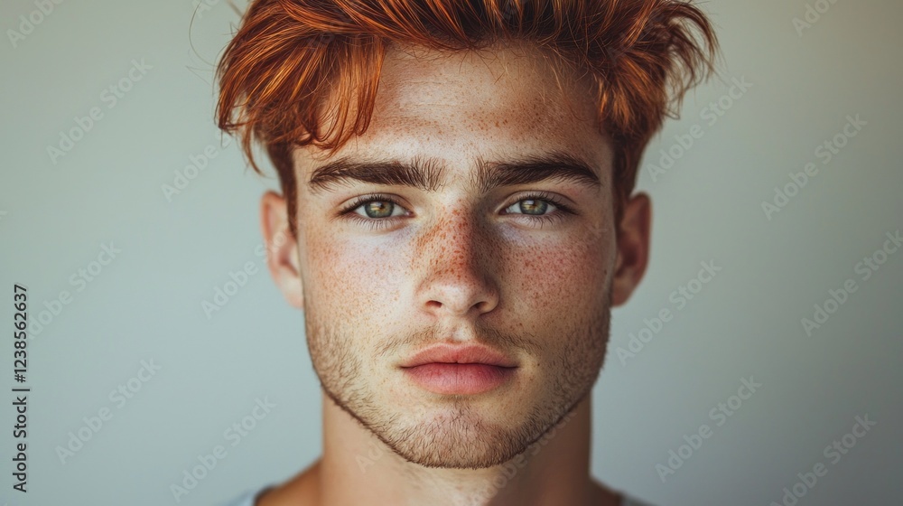 A young man with vibrant red hair stares thoughtfully ahead, his eyes filled with emotion. Freckles adorn his fair skin, enhancing a captivating aura in a softly lit room A young man with vibrant red hair stares thoughtfully ahead, his eyes filled with emotion. Freckles adorn his fair skin, enhancing a captivating aura in a softly lit room