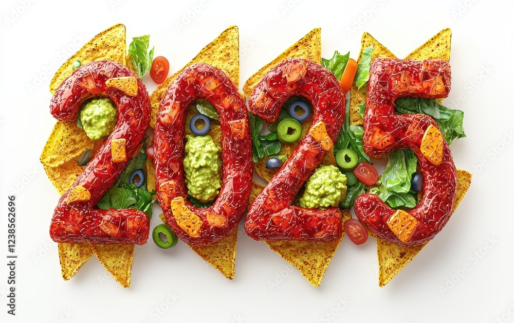 Naklejka premium 2025 Made from Colorful Nachos with Guacamole and Salsa Isolated on a White Background