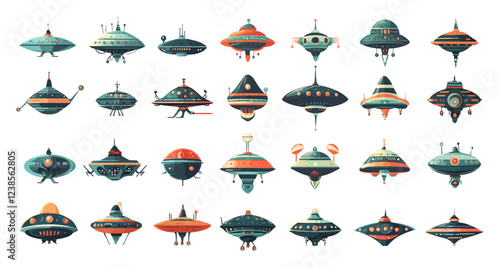 Alien ships cartoon vector set. Ufo radars antenna space saucers flying galactic carriers shuttles, cosmos galaxy invaders vessels spacecraft starships, isolated illustrations on white background