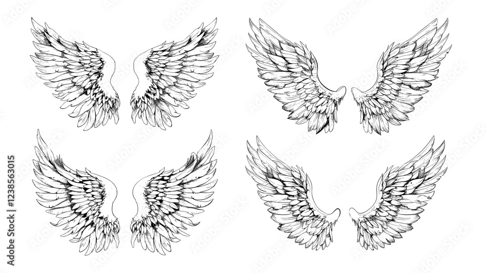 Fototapeta premium Angel wings engraved vector set. Seraphim feathers soar celestial plumage quilled plume cherubim flying divine holy religious heavenly sacred mystical fantasy symbols isolated vectors on white