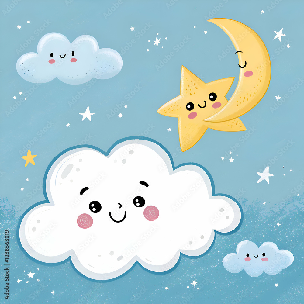 custom made wallpaper toronto digitalAdorable cartoon clouds stars moon night sky illustration cute blue kids baby white happy sweet image