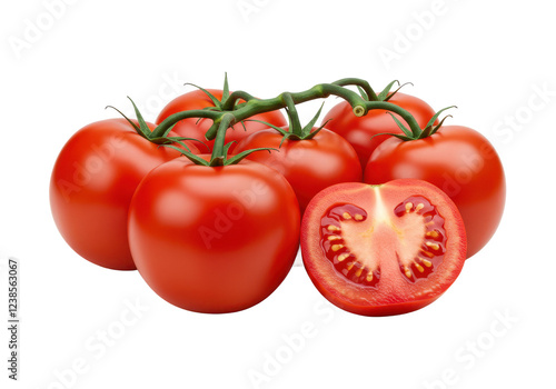 Whole red tomatoes with one slice showing juicy pulp, isolated on white background