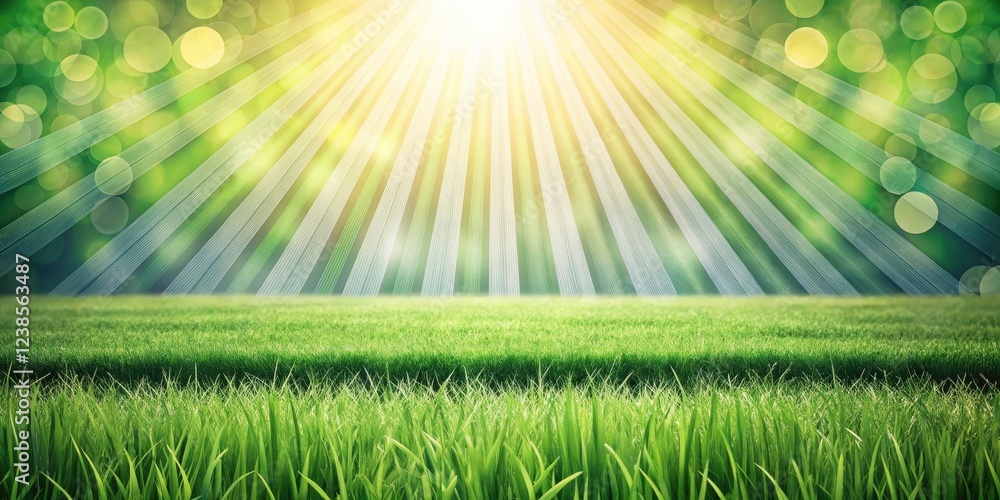Fototapeta premium Lush green grass field bathed in radiant sunlight, bokeh background creates a serene and peaceful springtime scene.