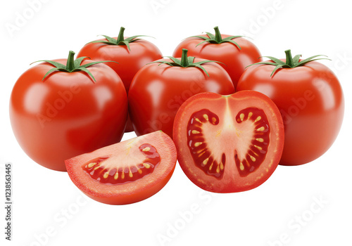 Whole red tomatoes with one slice showing juicy pulp, isolated on white background