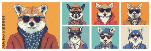 Animal hipsters portraits cartoon vector concepts. Lama glasses fox neckerchiefs dog jackets raccoon ties hats clothes accessories characters stylish avatars, illustration posters